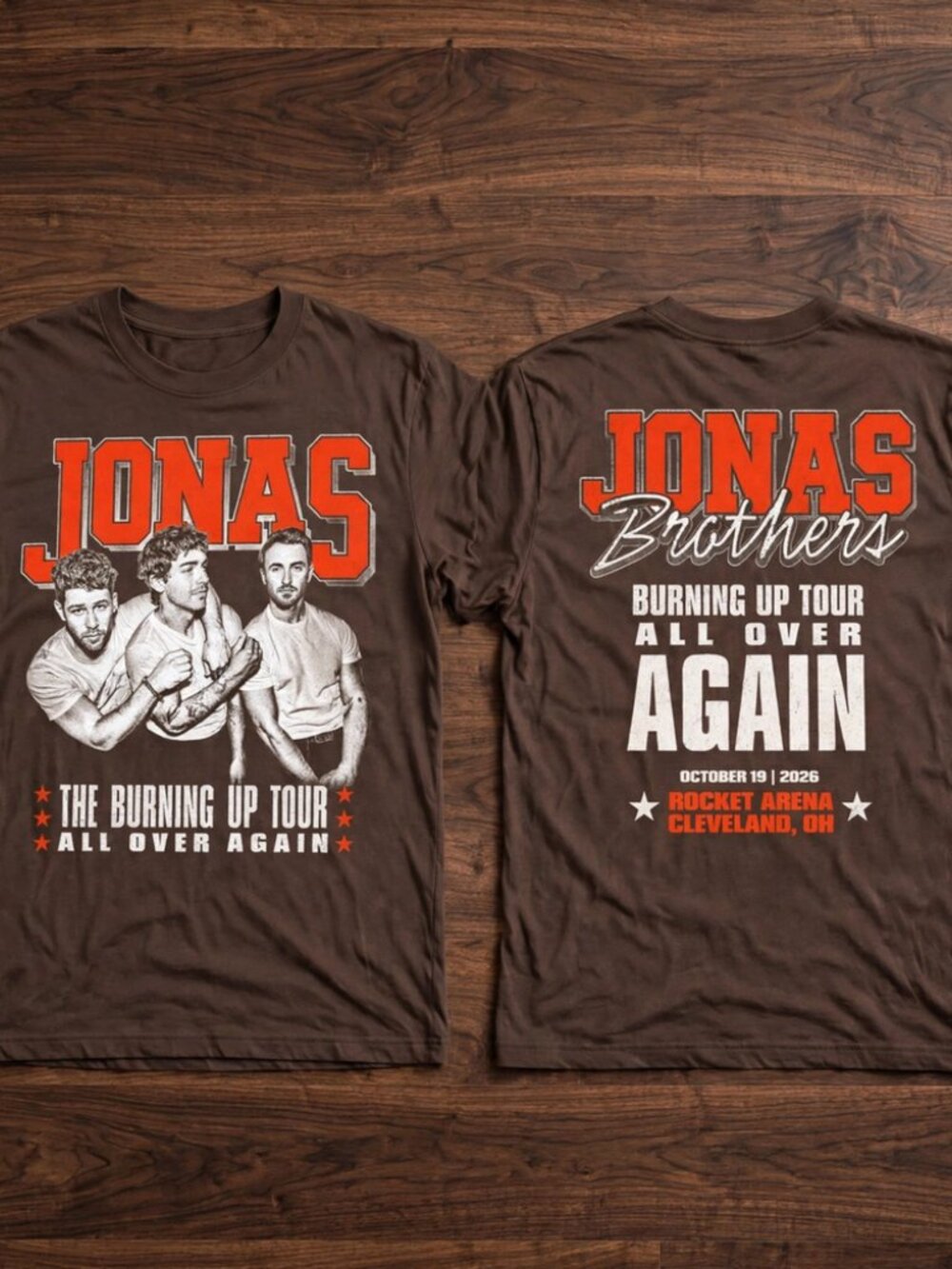 Jonas Brothers Burning Up Tour Cleveland OH Brown Reprint T-Shirt S-4XL